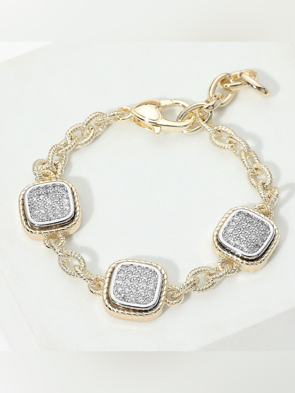 14K Gold Plated Two Tone CZ Pave Square Charm Link Bracelet